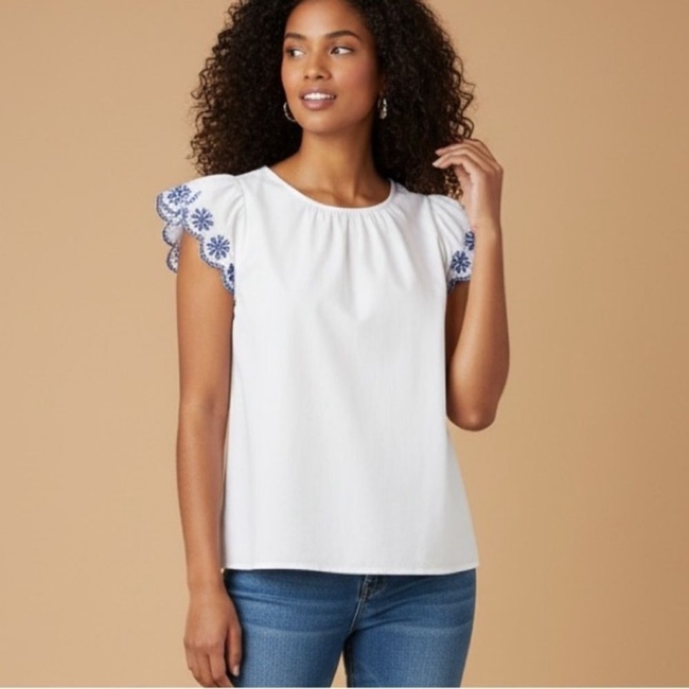 J CREW  White Cotton Blouse with Flutter Sleeve Blue Embroidery Accent size M